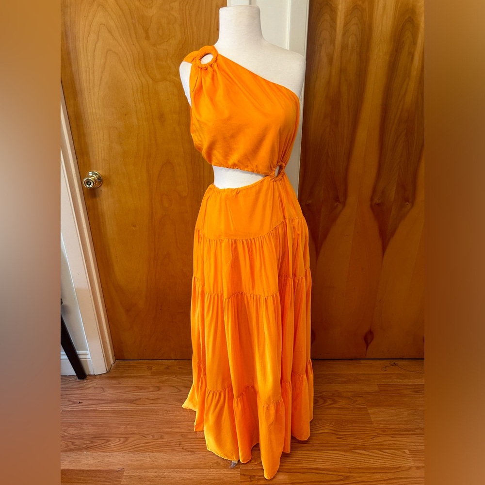 Farm Rio orange asymmetrical maxi dress one shoulder and cut outs size small - Picture 2 of 8